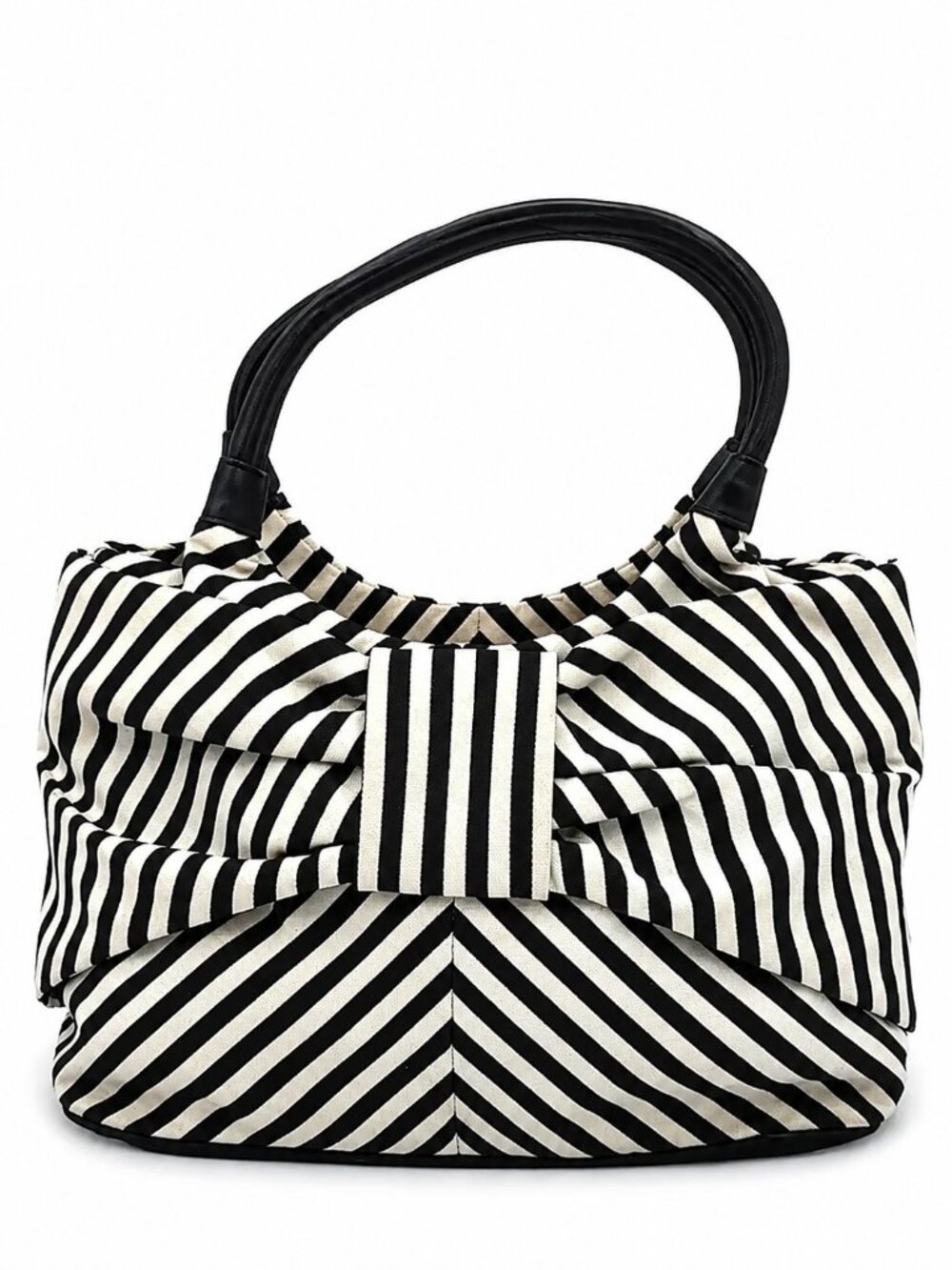 Kate Spade Black White Canvas Striped Bow Handbag Purse Classic Chic - Picture 1 of 16